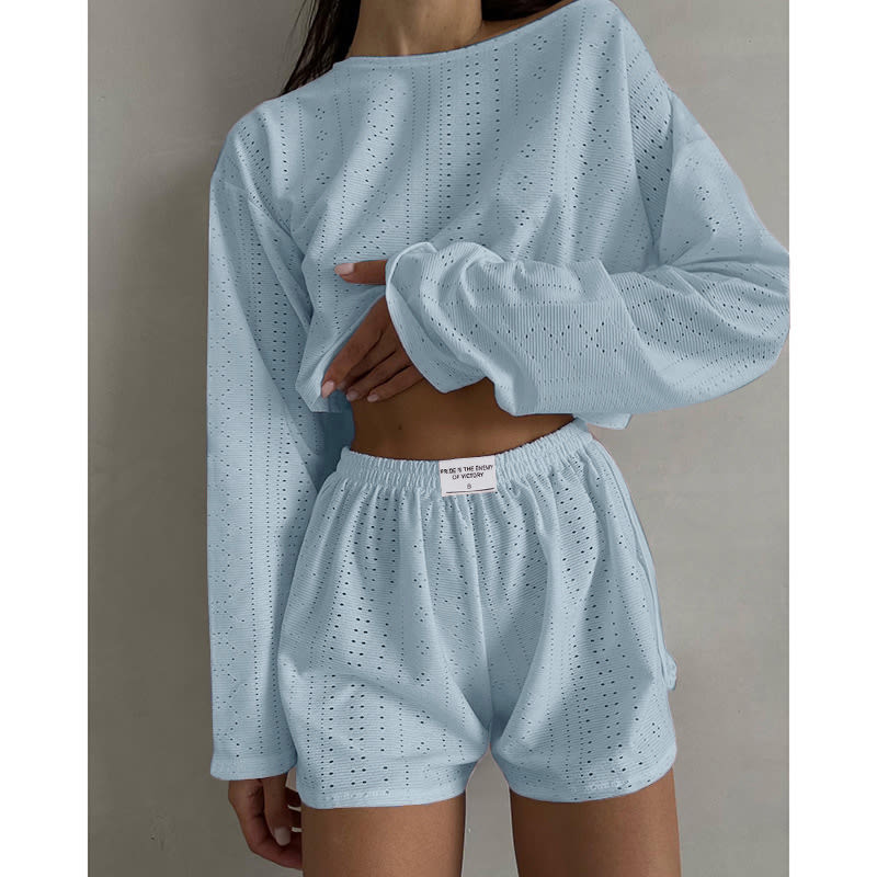 Hollow Long-sleeved Suit With Loose Round-neck Tops And Elastic Split Shorts Fashion Women's Clothing view 3
