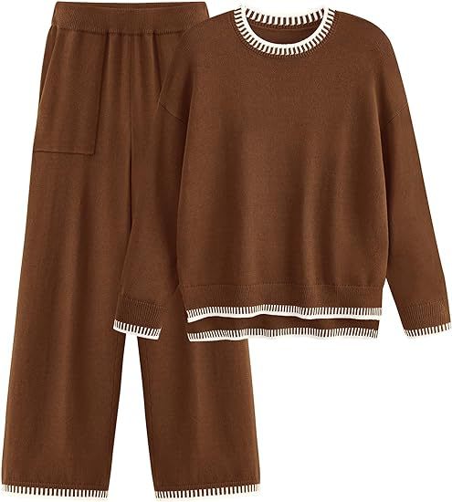 Sweater Knit Casual Long Sleeve Pullover Wide Leg Pants Suit view 3
