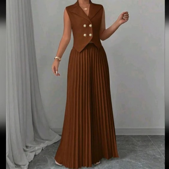 Summer Sleeveless Suit Fashion Lapel Button Vest Top And Pleated Straight Pants Women's Trousers Set Clothing view 5