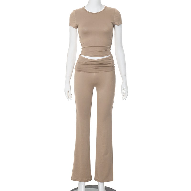 Solid Color Midriff-baring Short Sleeve Waist Pants Suit view 9