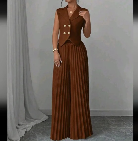 Summer Sleeveless Suit Fashion Lapel Button Vest Top And Pleated Straight Pants Women's Trousers Set Clothing view 9