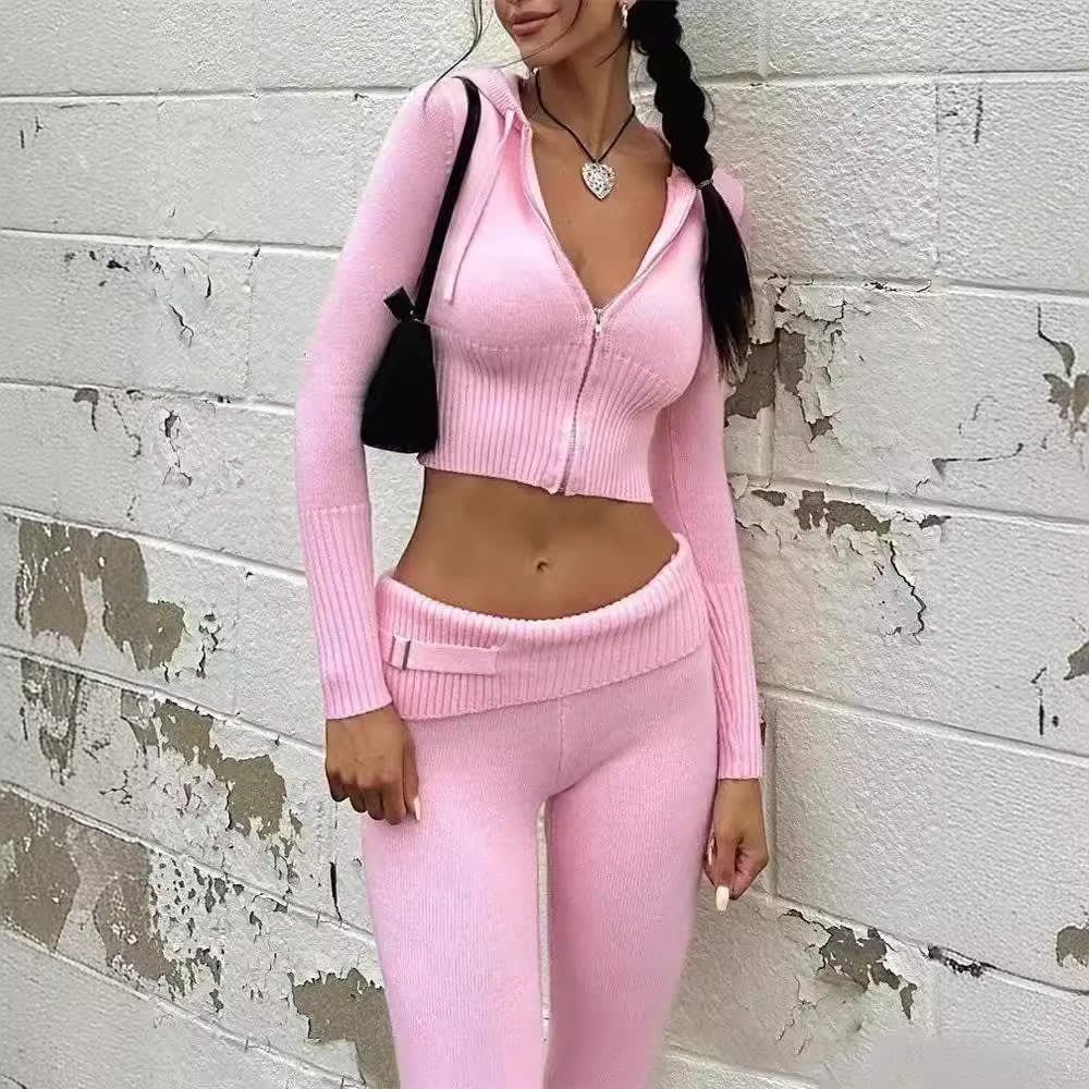 Knitted Hooded Suits High Waist Long Sleeves Trousers Two-piece Set view 12