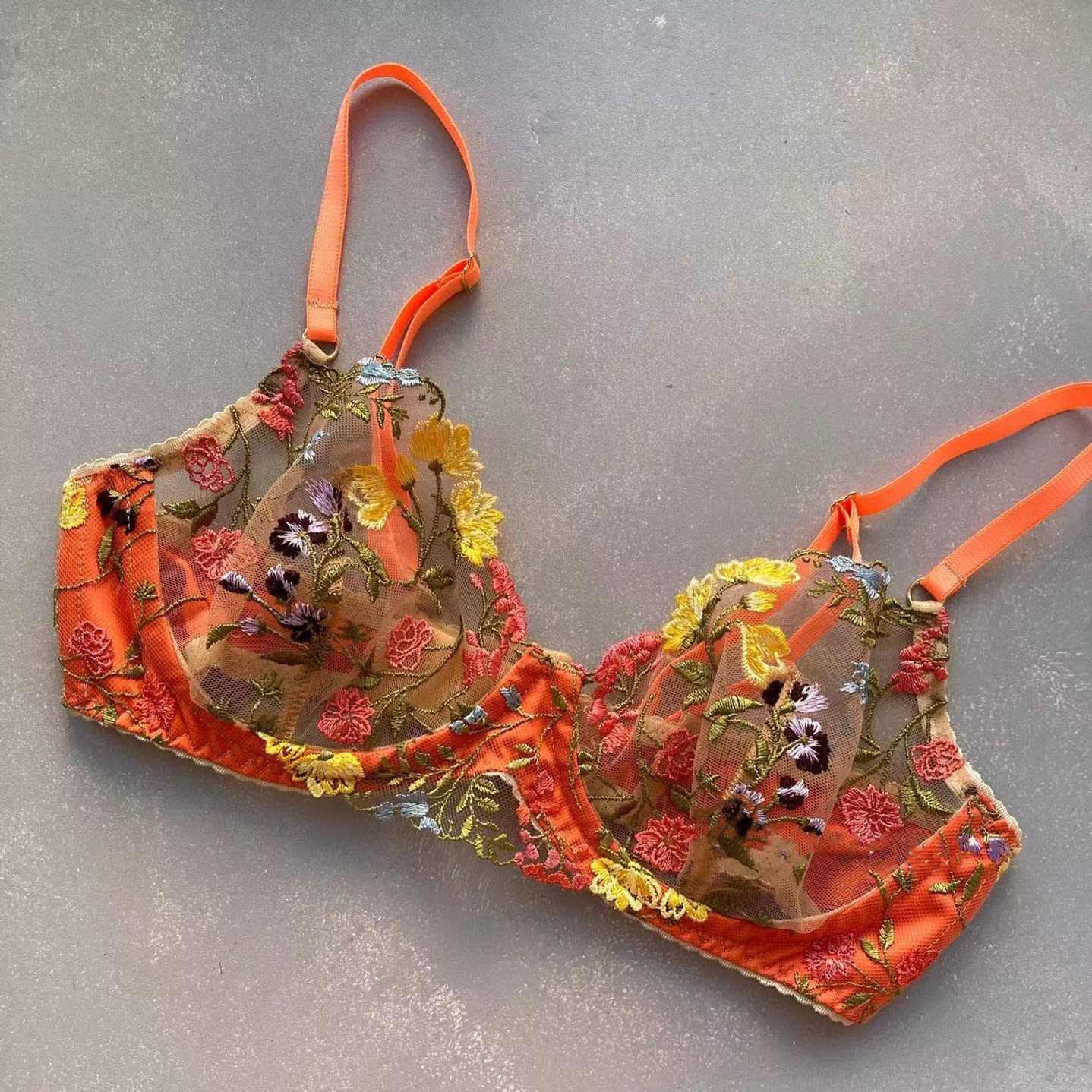 Flowers See-through Embroidered Ribbon Steel Ring Underwear Suit view 4