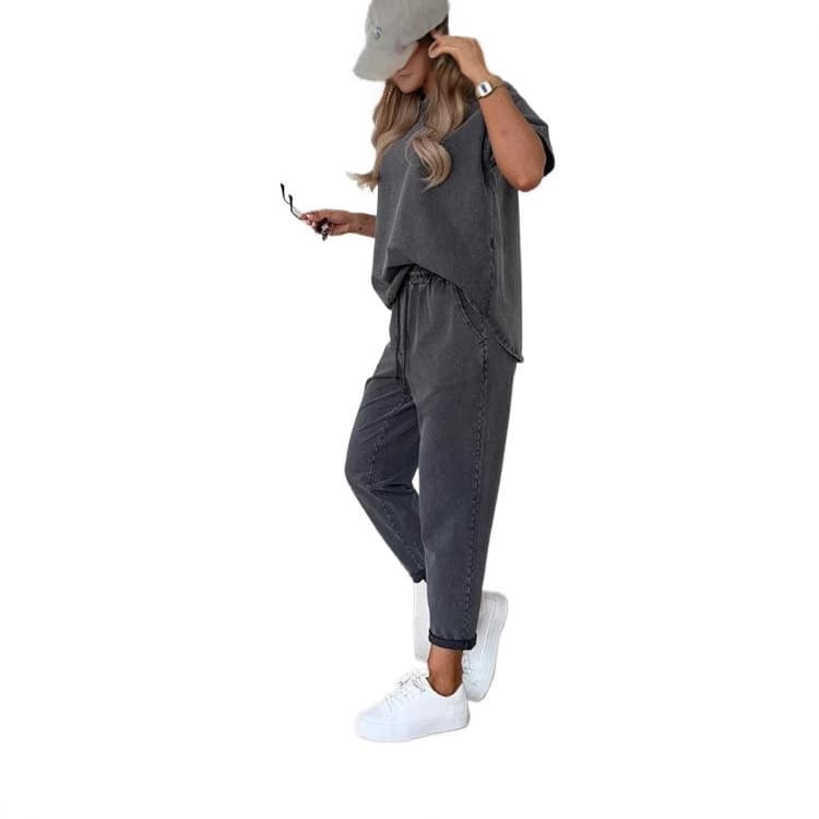 Solid Color Short-sleeved Cropped Pants Casual 2-piece Set view 8