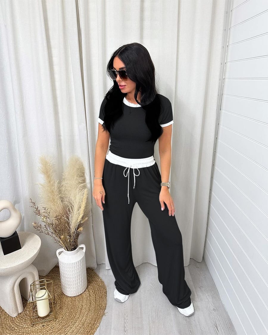 Round Neck Contrast Color Women's Fashion Casual Wide-leg Pants Sports Suit view 12
