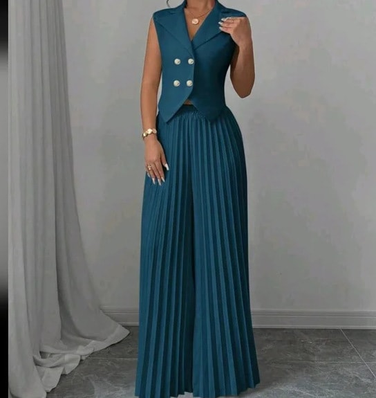 Summer Sleeveless Suit Fashion Lapel Button Vest Top And Pleated Straight Pants Women's Trousers Set Clothing view 3