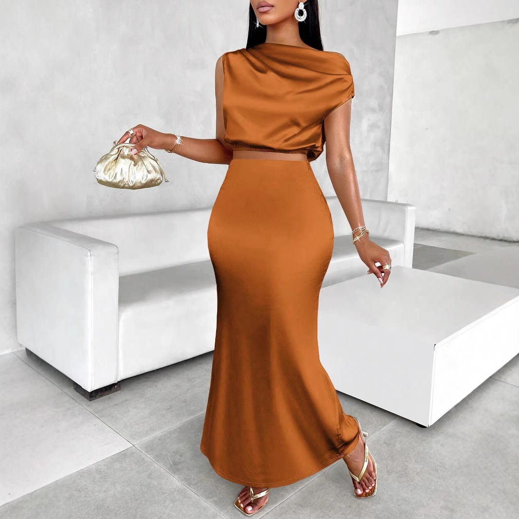 Women's Solid Color Satin Dress Midriff Outfit Suit view 9