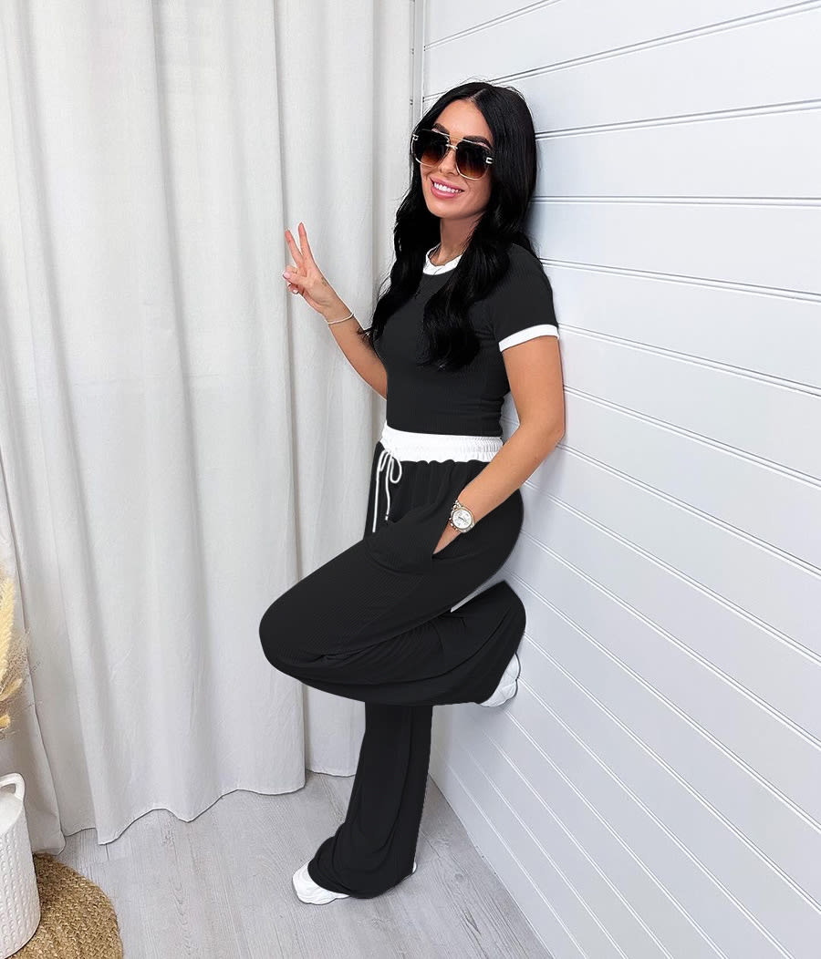 Round Neck Contrast Color Women's Fashion Casual Wide-leg Pants Sports Suit view 2