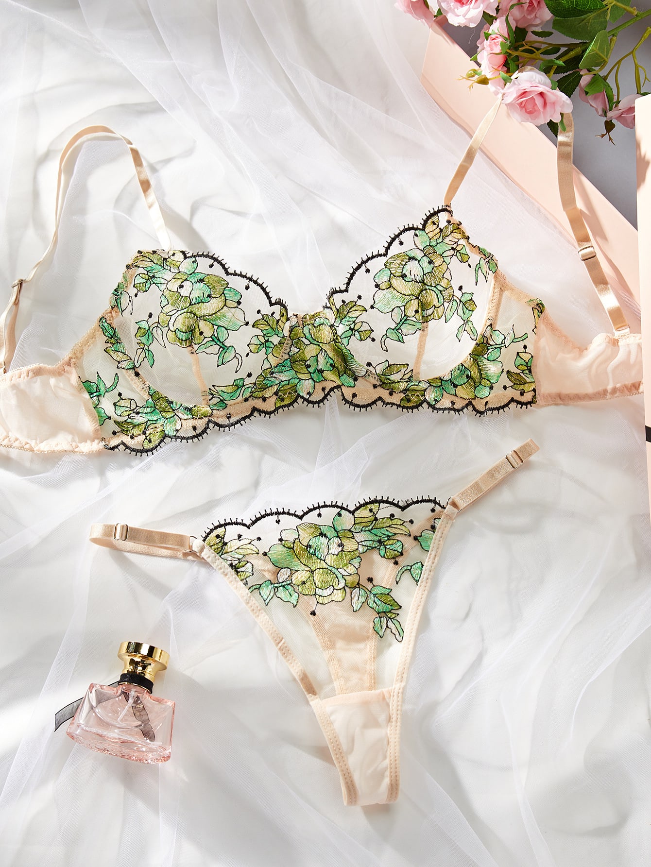 Women's Mesh Multi-color Embroidery Transparent Underwear Suit view 12