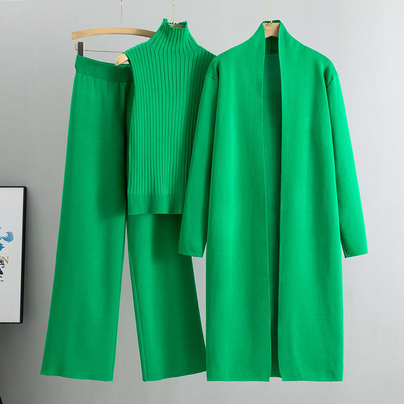 3pcs Suits Women Fashion Knitting Sleeveless Vest Sweater Long Cardigan And Wide-leg Pants Three-piece Set view 1