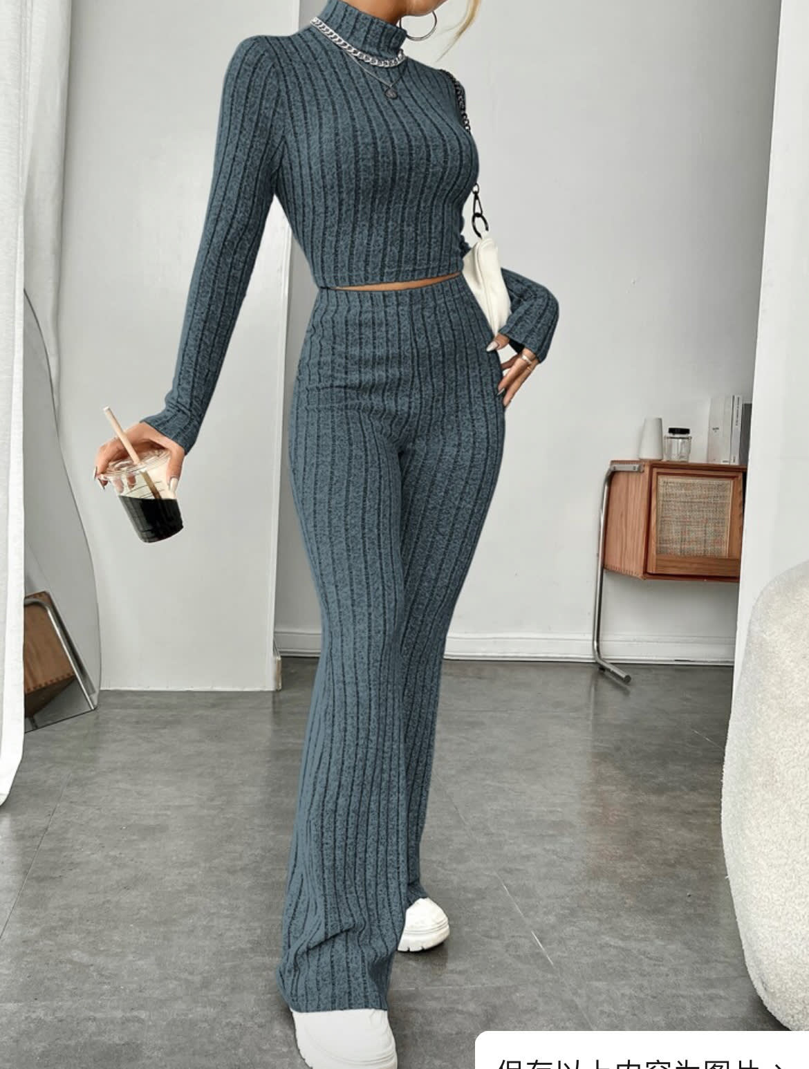 Long Sleeve Turtlenecks Wide Leg High Waist Trousers Suit view 5