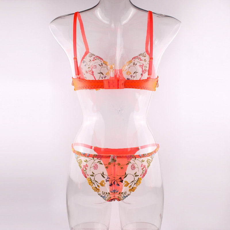 Flowers See-through Embroidered Ribbon Steel Ring Underwear Suit view 11