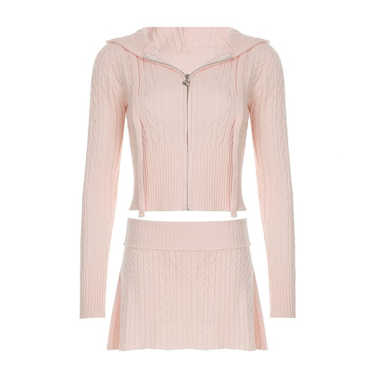 Spring And Autumn Sweater Casual Suit Zipper Hooded Sweatshirt Top Twist Waist Folding Woolen Skirt view 5