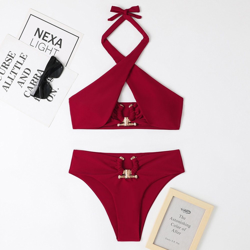 Women's Fashion Split High Waist Briefs Cross-halterneck Swimsuit view 15