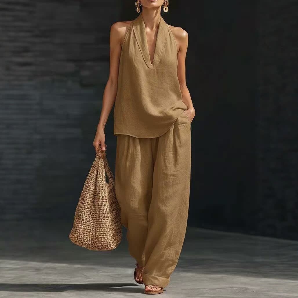 Summer Sleeveless Suits V-neck Halter Top And Wide-leg Pants Fashion Casual Straight Trousers Set view 10