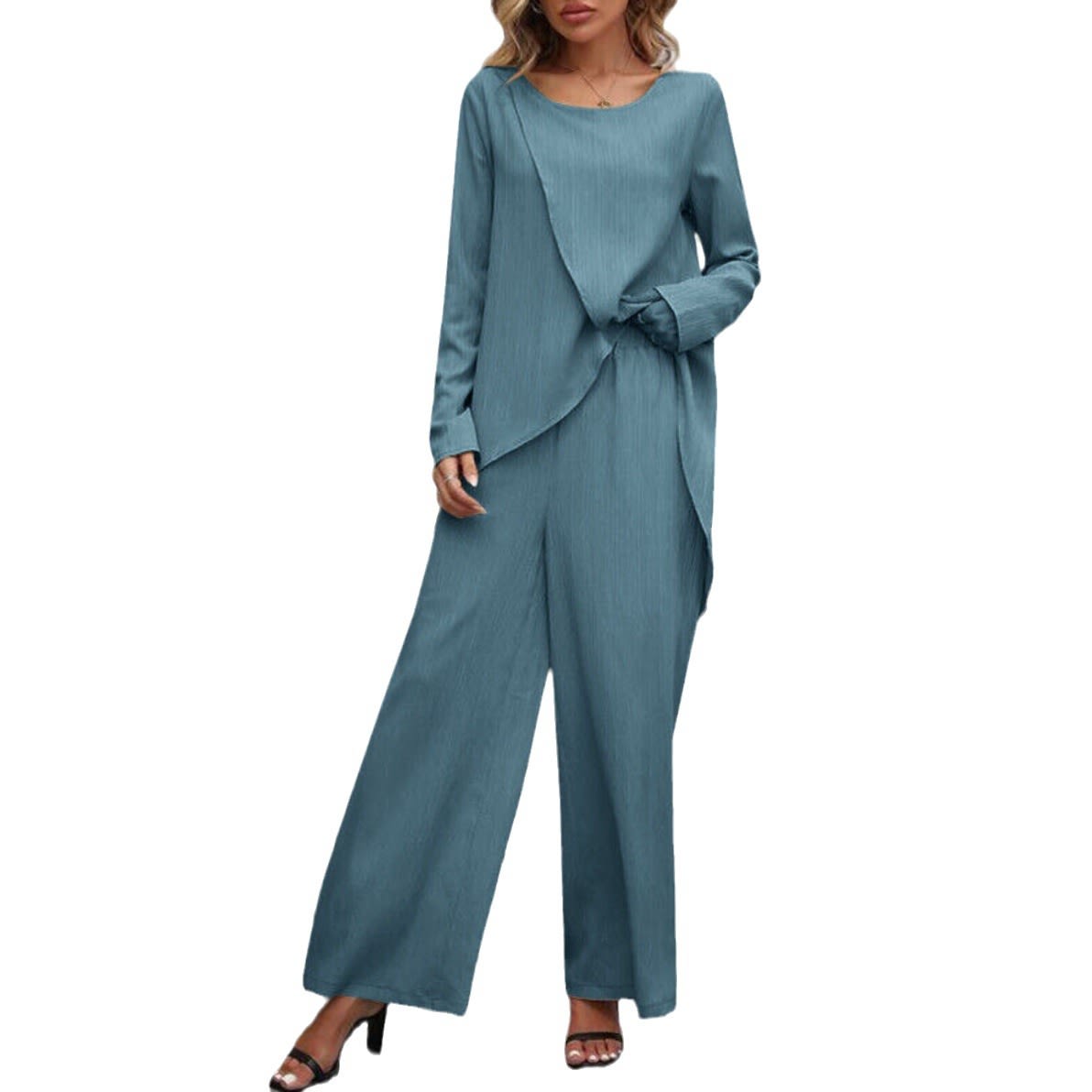 Women's Fashion Long Sleeve Irregular Hem Top Elastic Waist Wide Leg Trousers Two-piece Set view 2