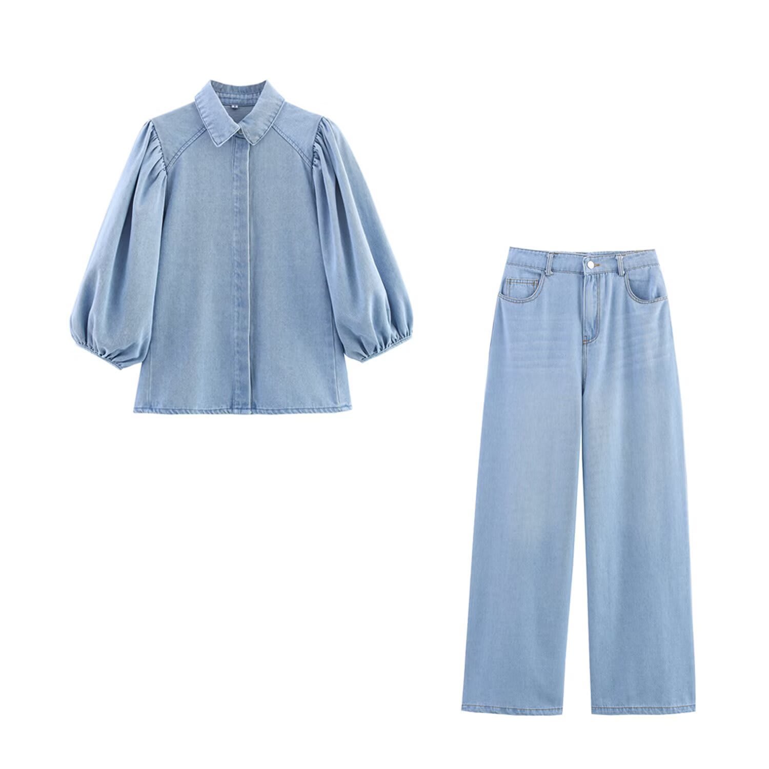 Women's Puff Sleeves Denim Shirt Jeans Suit view 3