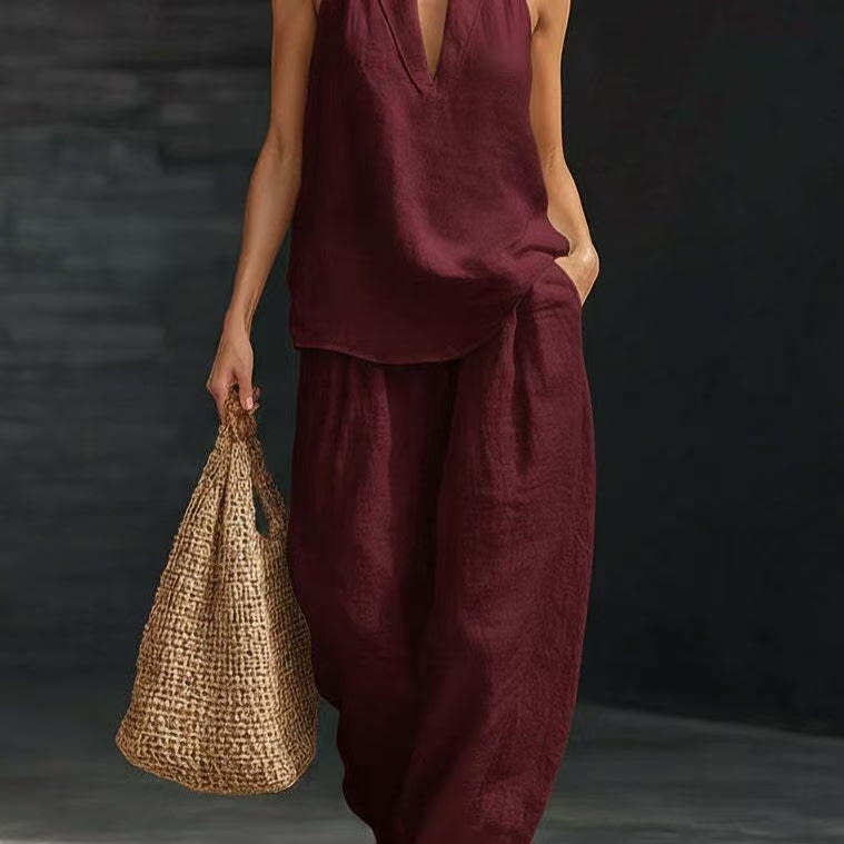 Summer Sleeveless Suits V-neck Halter Top And Wide-leg Pants Fashion Casual Straight Trousers Set view 8