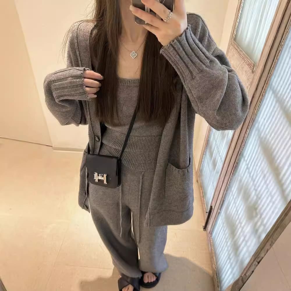 Knit Women's Cardigan Suspender Casual Pants Three-piece Set view 6