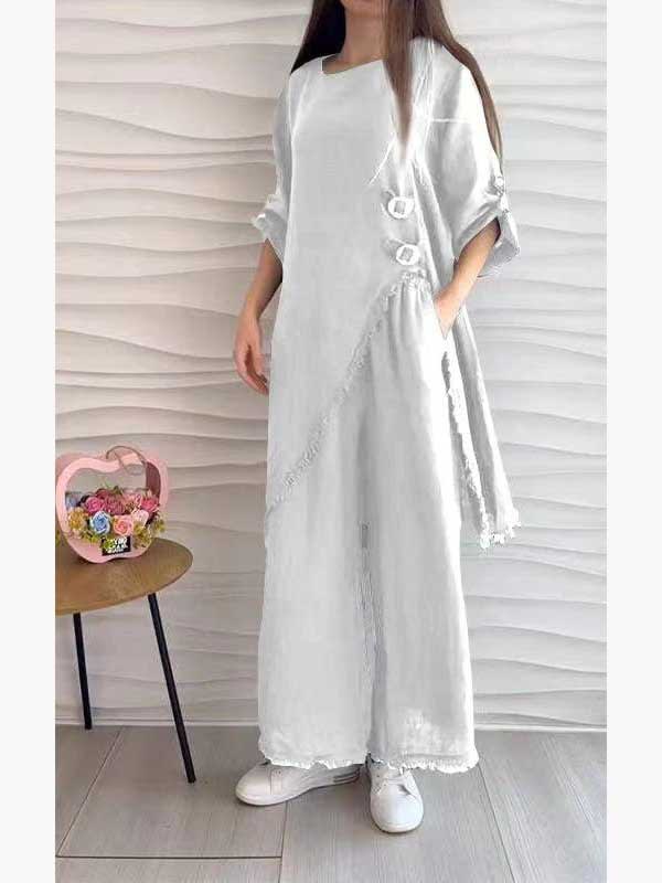 Loose And Irregular Half Sleeve Mid-length Top Loose-fitting Wide-leg Trousers view 4