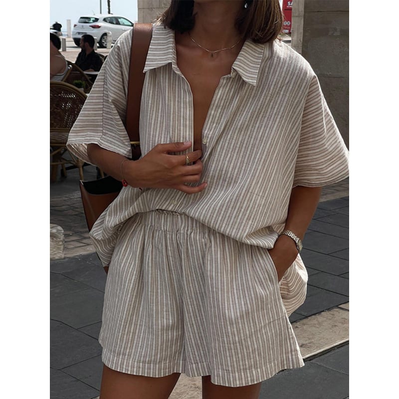 Fashion Casual Loose Striped Shirt Shorts Suit view 6