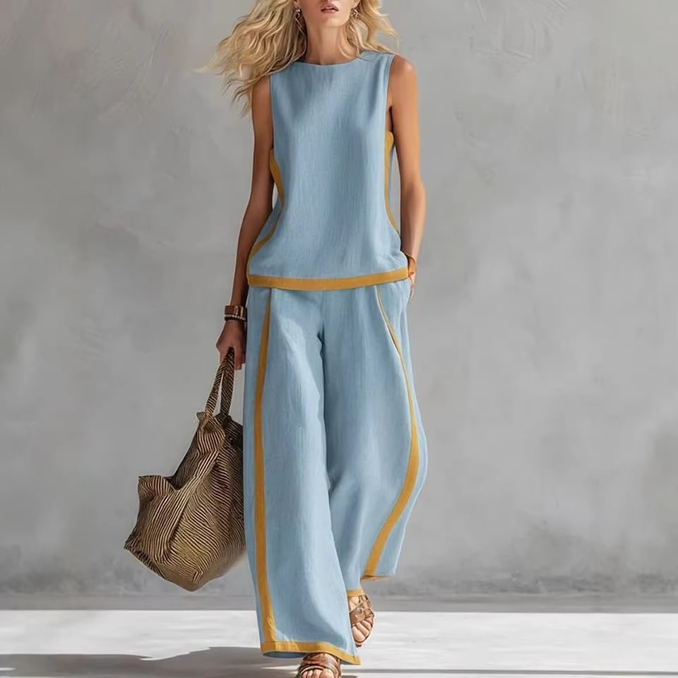 Summer Suits Round-neck Sleeveless Vest Top And High-waist Wide-leg Pants Casual Loose Set view 9