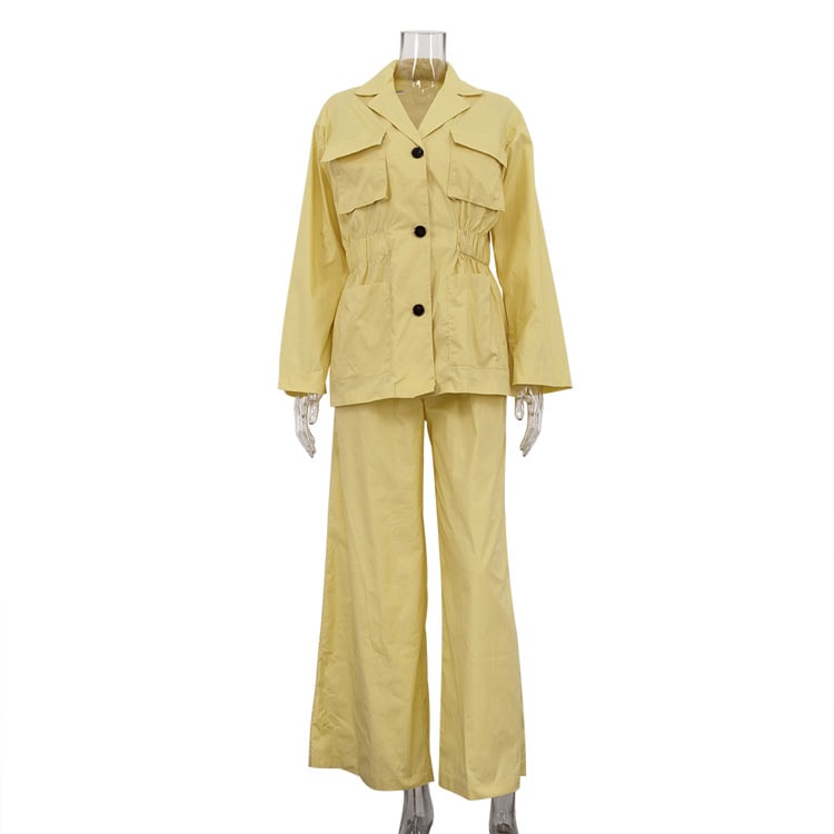 Lapel Long Sleeve Waist-controlled Top Wide Leg Pants Two-piece Set view 3