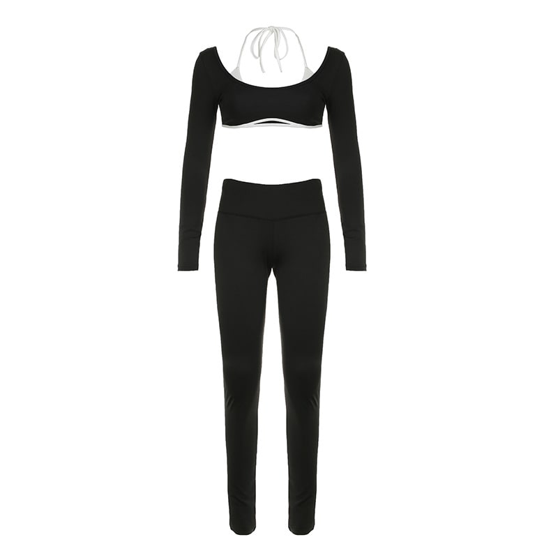 Solid Color Knitted Letter Body-hugging Suit Round Neck Long Sleeve Short Top High Waist Skinny Leggings Two-piece Set view 11