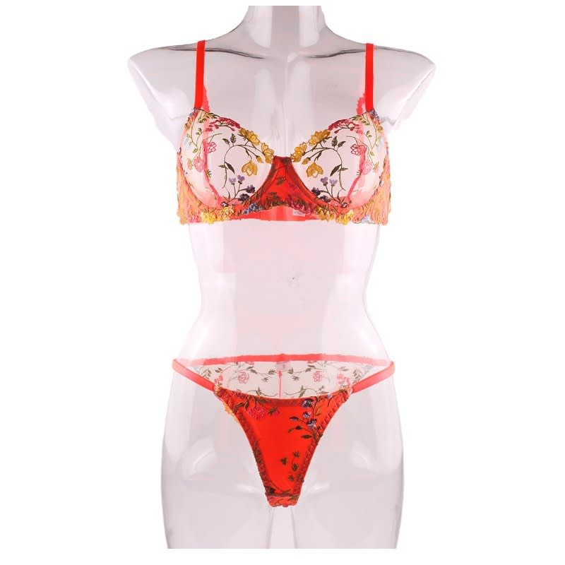 Flowers See-through Embroidered Ribbon Steel Ring Underwear Suit view 8