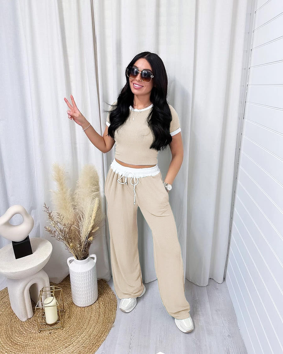 Round Neck Contrast Color Women's Fashion Casual Wide-leg Pants Sports Suit view 5