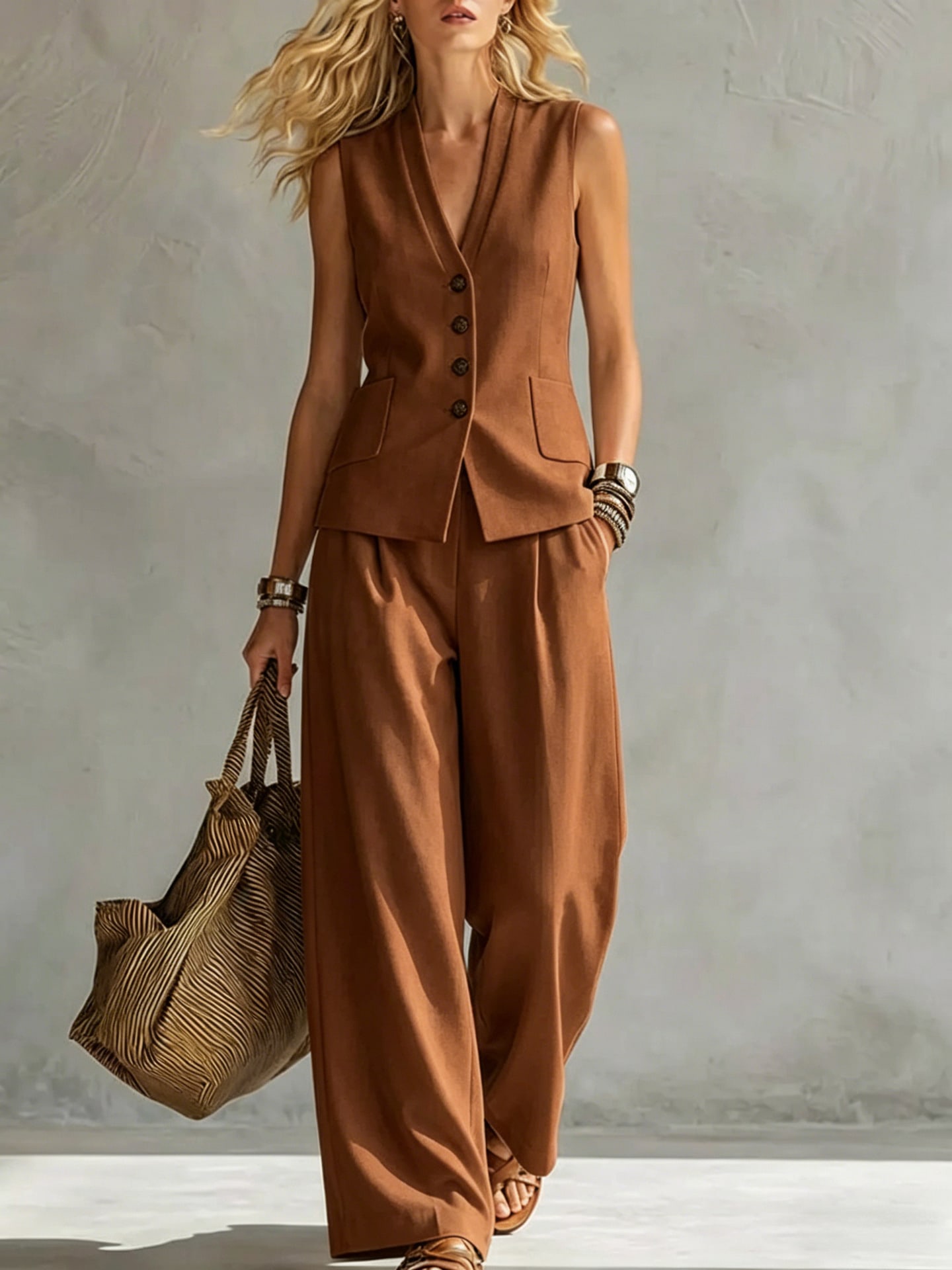 Two-piece V-Neck Sleeveless Vest And Wide Leg Pants For Women Summer Solid-Colored Sleeveless Casual Linen Tank Top And Pants Set view 3