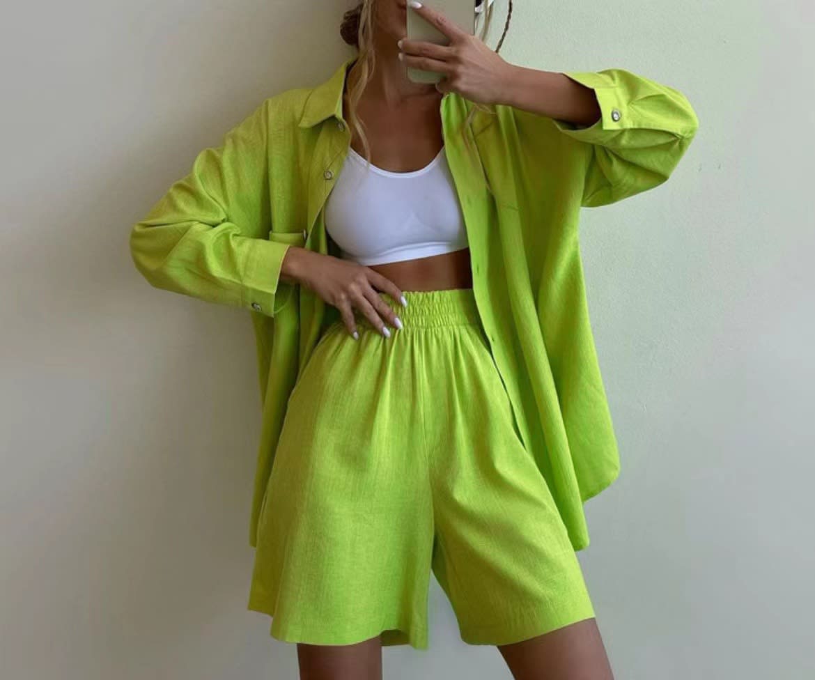 Single-breasted Long Sleeve Shirt Loose Casual Shorts Suit view 10