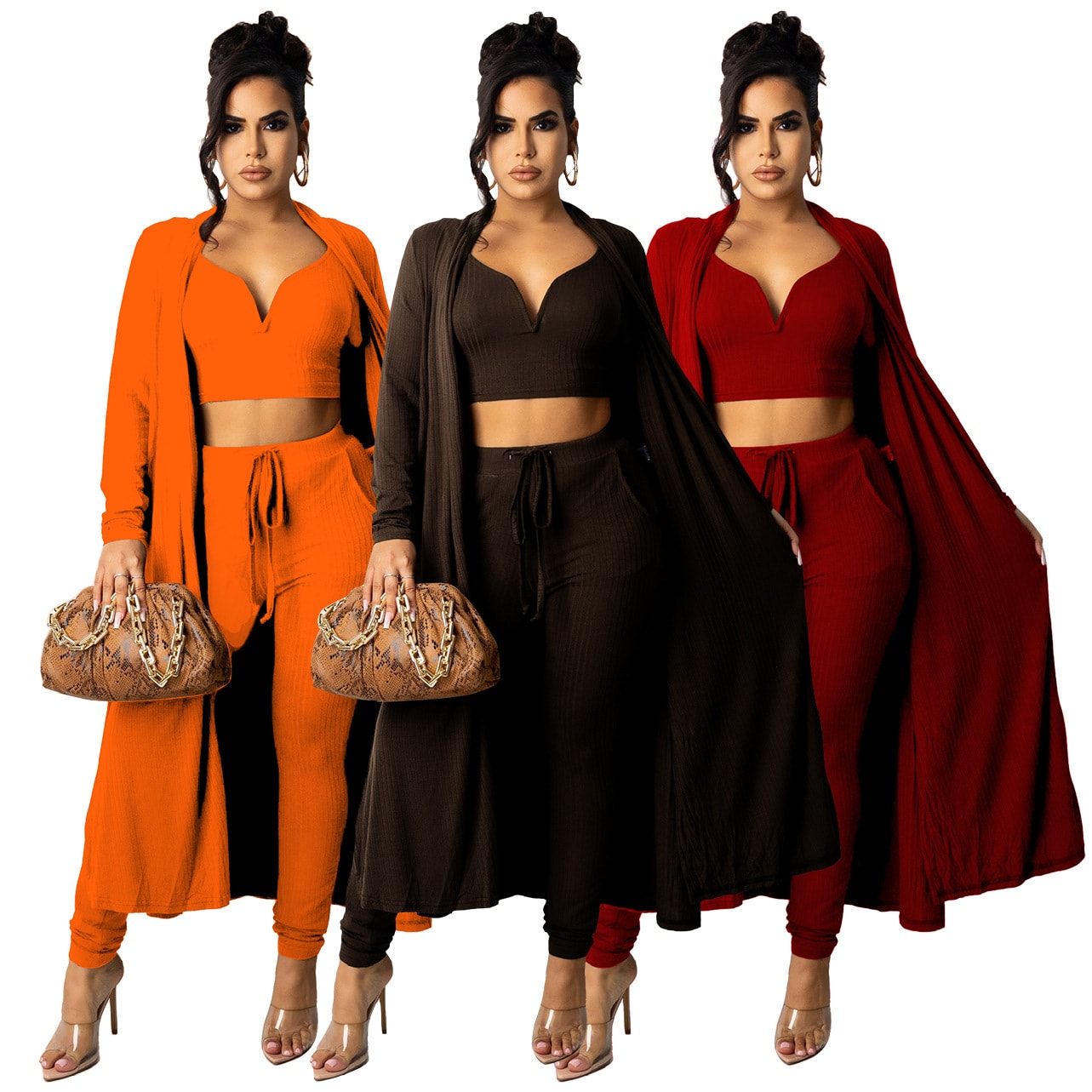 Solid Color Ribbed V-neck Vest Long Women's Pants Sportswear Suit view 6