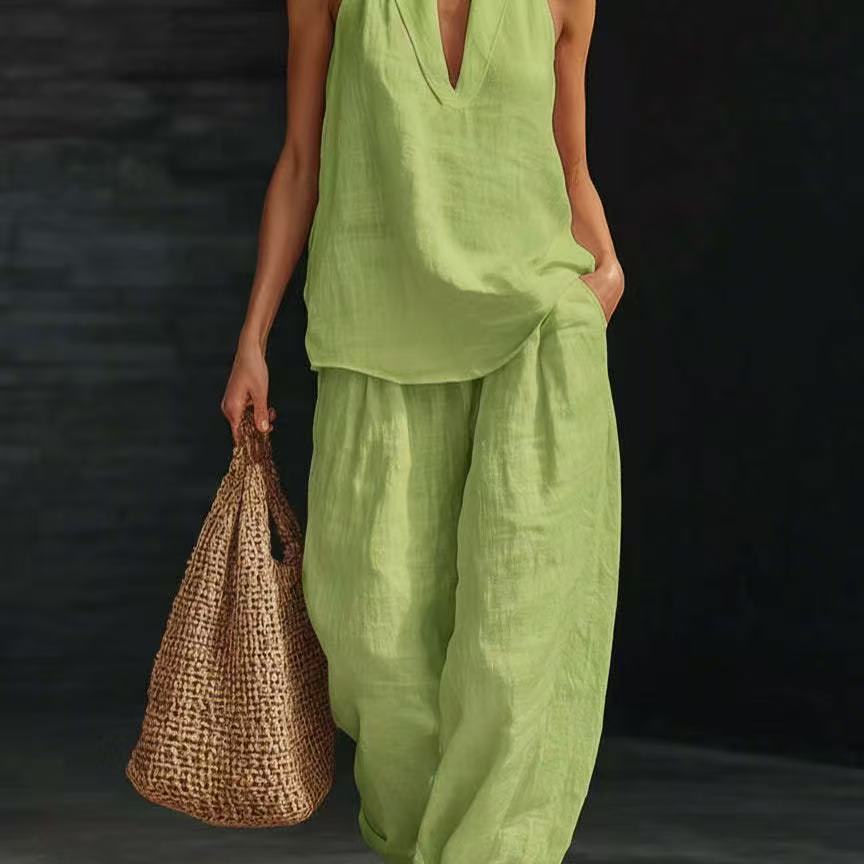 Summer Sleeveless Suits V-neck Halter Top And Wide-leg Pants Fashion Casual Straight Trousers Set view 2