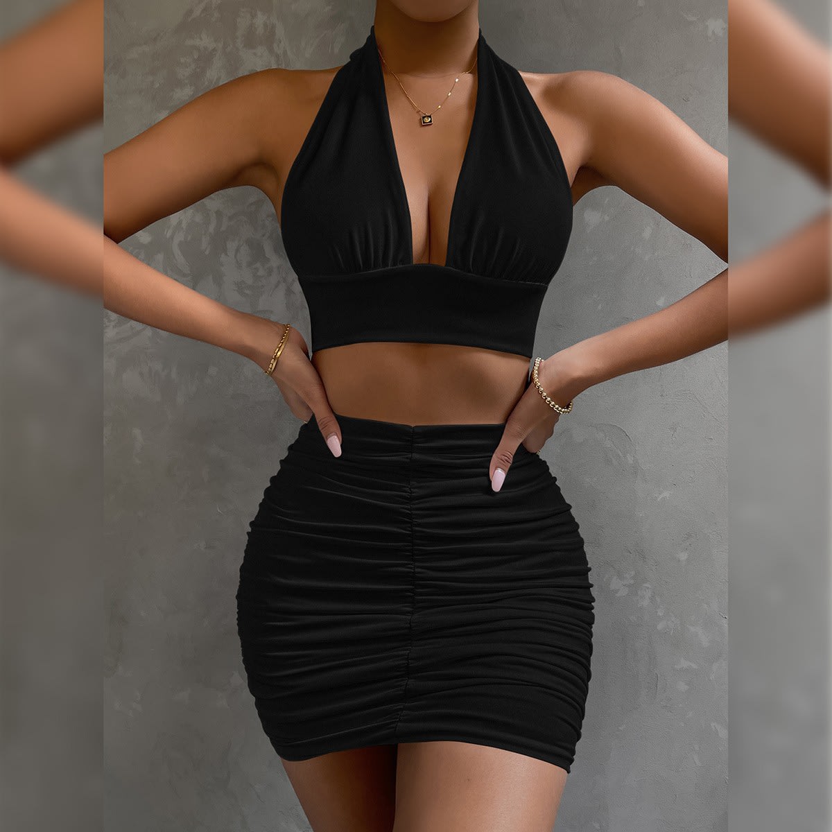 2pcs Dress Suits For Women Halter Lace-up Hip Top And Pleated Hip-covering Skirt view 8