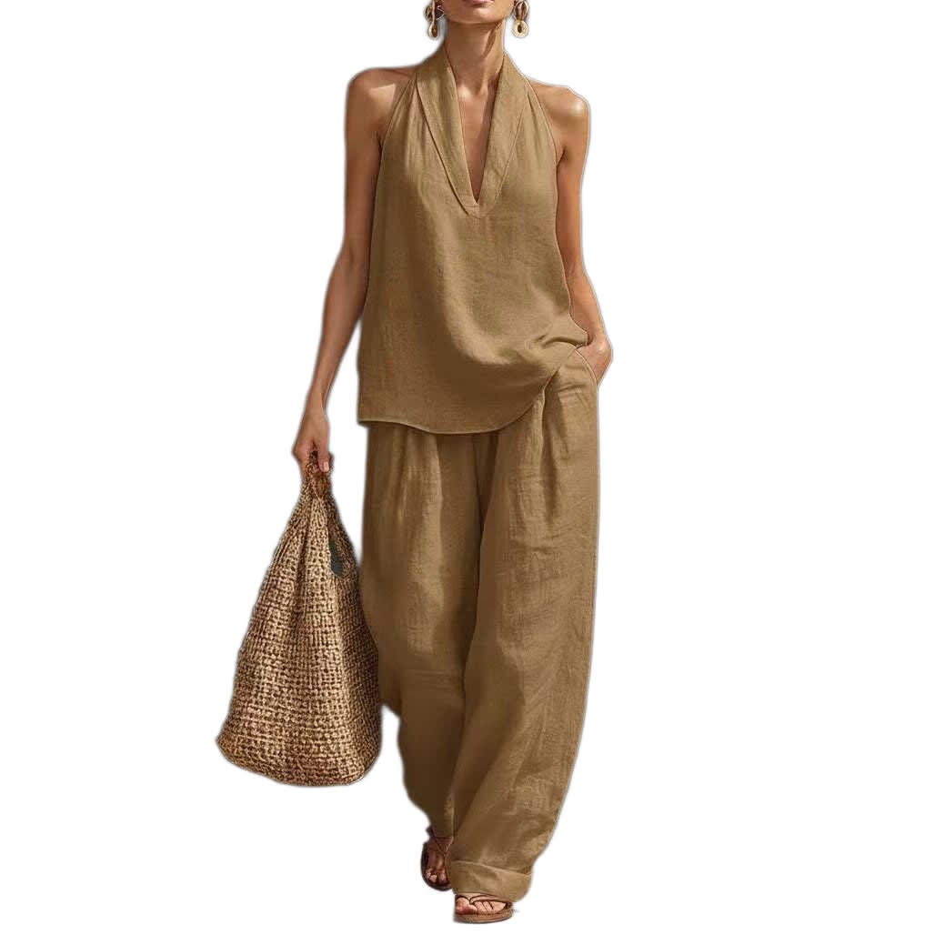 Summer Sleeveless Suits V-neck Halter Top And Wide-leg Pants Fashion Casual Straight Trousers Set view 14