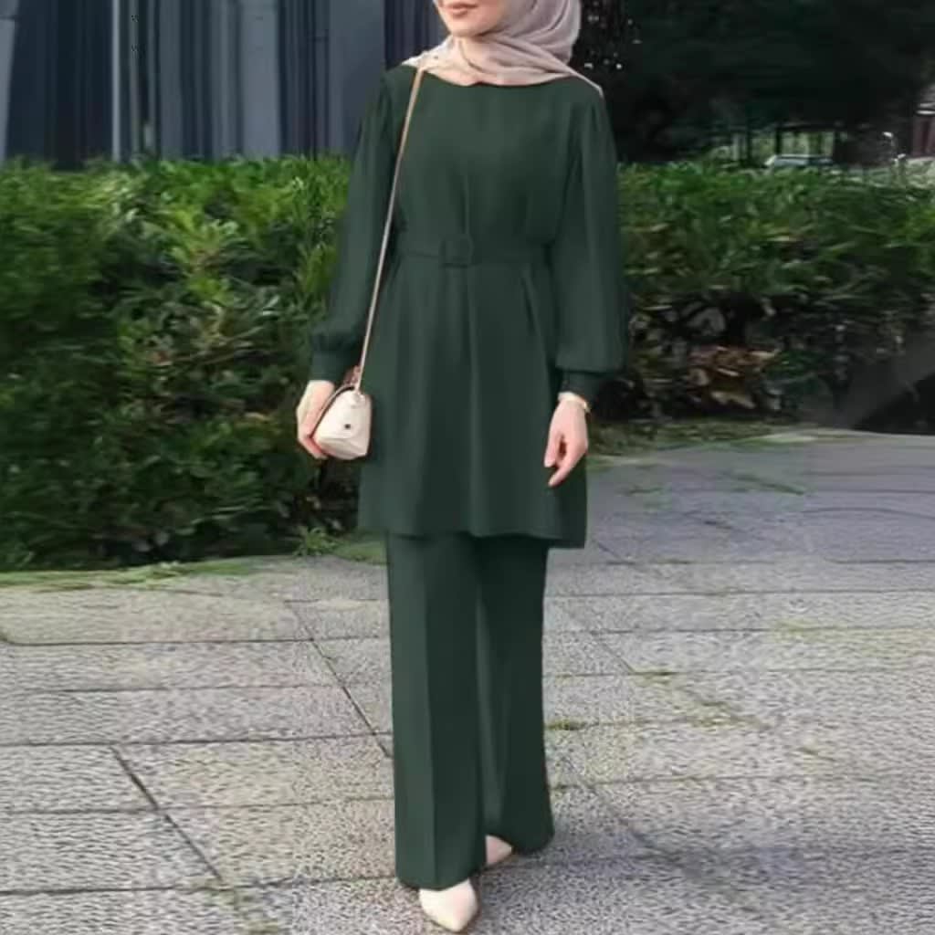 Middle East Muslim Round Neck Long Sleeve Belt Elastic Waist Top And Trousers Suit view 2
