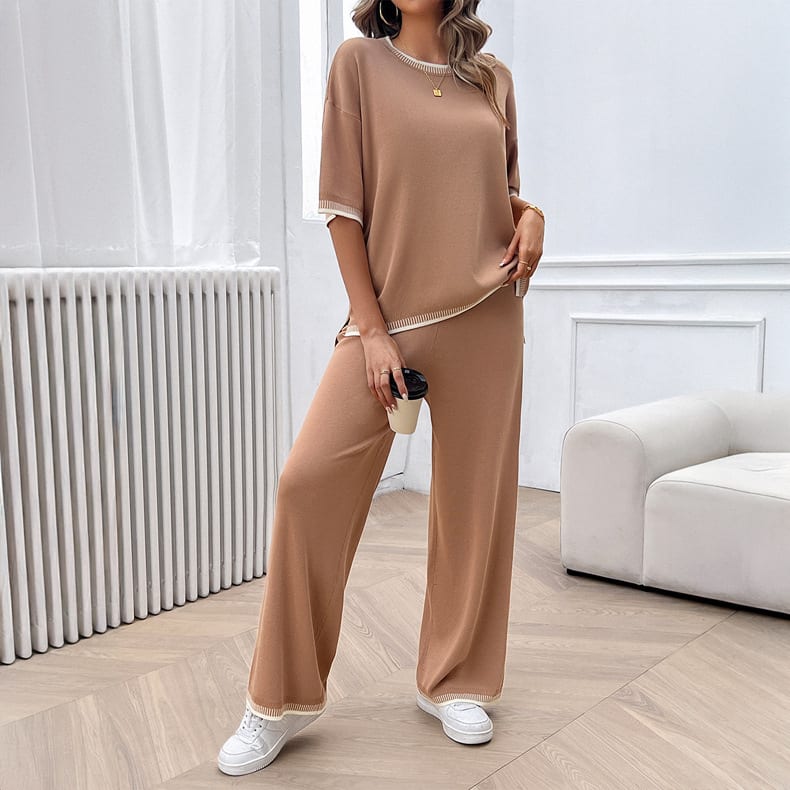 Casual Loose Contrast Color Knitted T-shirt Blouse And Pants 2-piece Set view 3