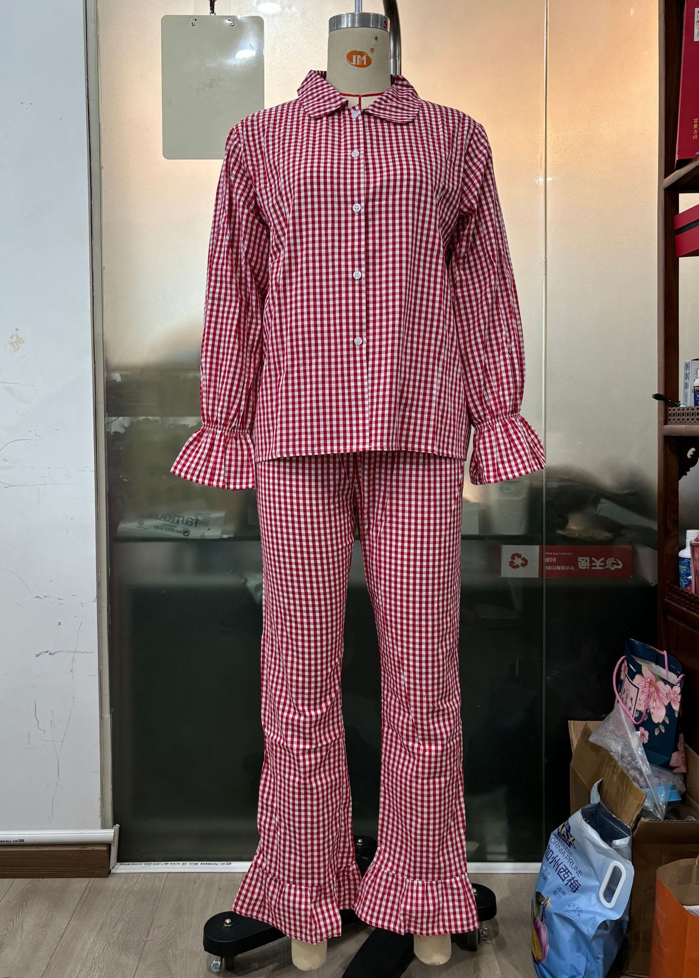 Women's Casual Two-piece Suit Bell Sleeve Top Mesh Trousers view 4
