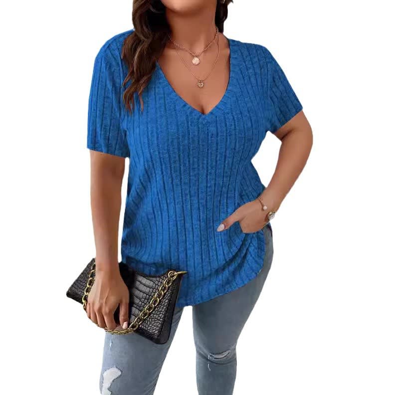 Solid Color Plus Size Women's Clothes Top V-neck Sunken Stripe Short Sleeve T-shirt view 20