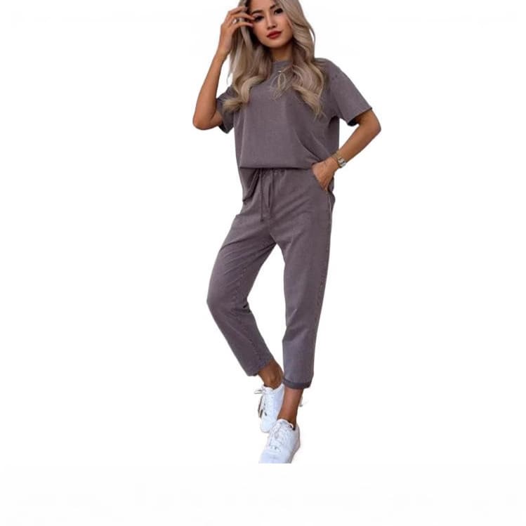 Solid Color Short-sleeved Cropped Pants Casual 2-piece Set view 2