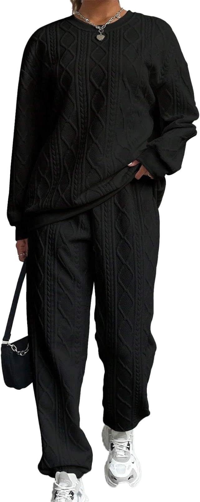Jacquard Long Sleeve Casual Round Neck Sweater Trousers Suit view 6