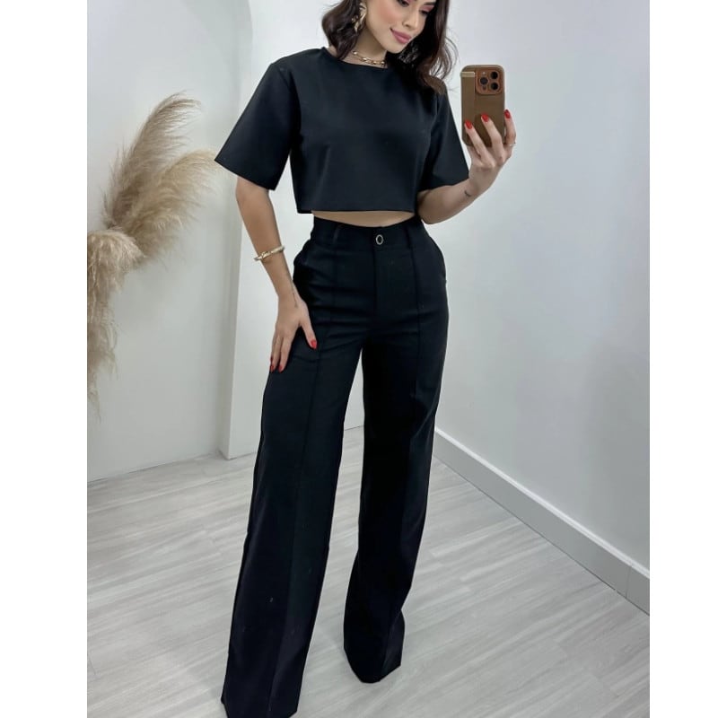 Fashion Cotton And Linen Short Top High Waist Wide Leg Pants Suit view 2