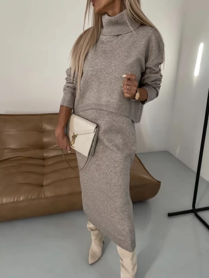 2pcs Sweater Suit Winter Fashion Turtleneck Pullover And Sleeveless Long Dress Womens Clothing view 4