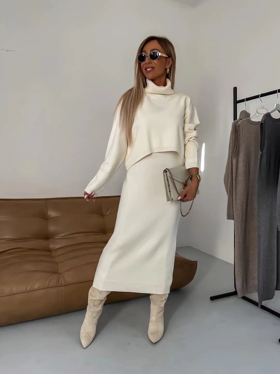 2pcs Sweater Suit Winter Fashion Turtleneck Pullover And Sleeveless Long Dress Womens Clothing view 5