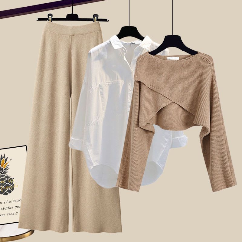 3pcs Knitted Sweater Suit With Shirt And Wide Leg Pants Autumn And Winter Suit Women view 18