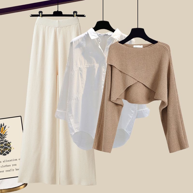 3pcs Knitted Sweater Suit With Shirt And Wide Leg Pants Autumn And Winter Suit Women view 4