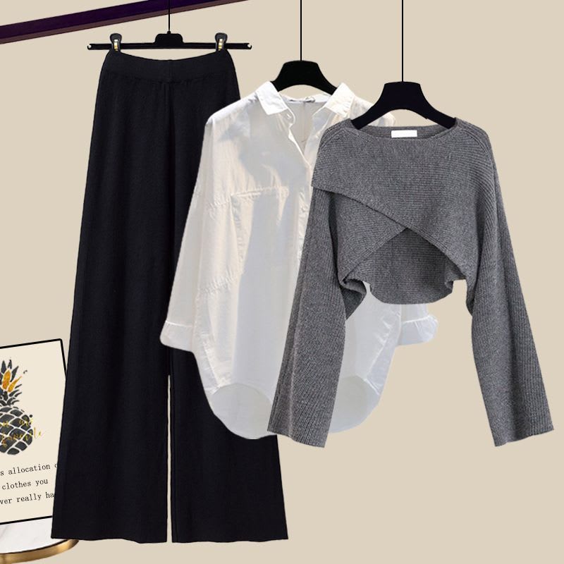 3pcs Knitted Sweater Suit With Shirt And Wide Leg Pants Autumn And Winter Suit Women view 19