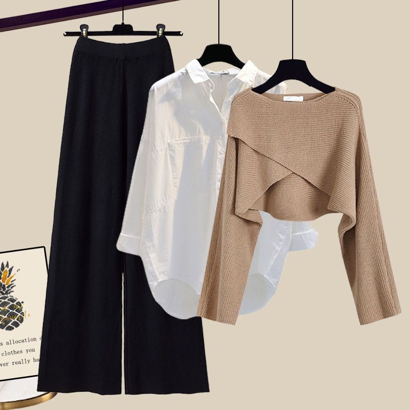 3pcs Knitted Sweater Suit With Shirt And Wide Leg Pants Autumn And Winter Suit Women view 14