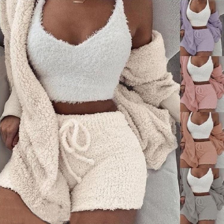 3pcs Womens Clothing Long Sleeve Crop Tank Top And Drawstring Shorts Pajama Set view 3